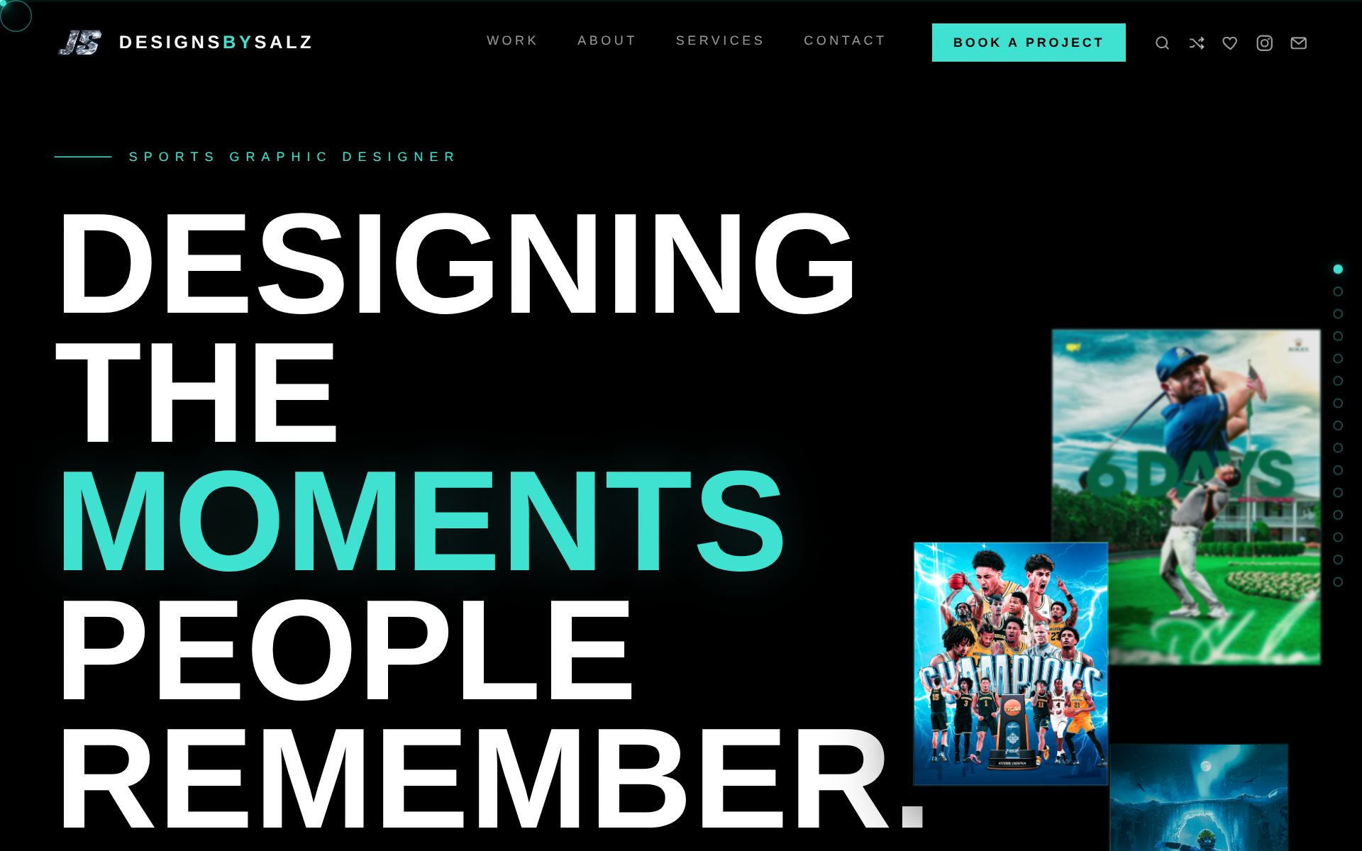 Screenshot of the 2026 version of designsbysalz.net — black and mint design with large condensed typography